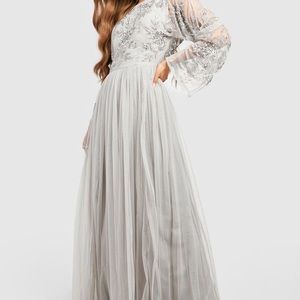 HAND EMBELLISHED GRAY LONG SLEEVE MAXI DRESS